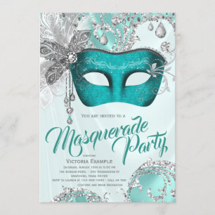 Invitation Turquoise Blue Silver Masquerade Party