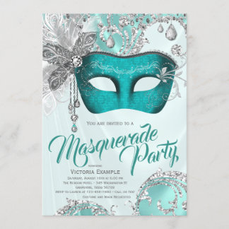 Invitation Turquoise Blue Silver Masquerade Party