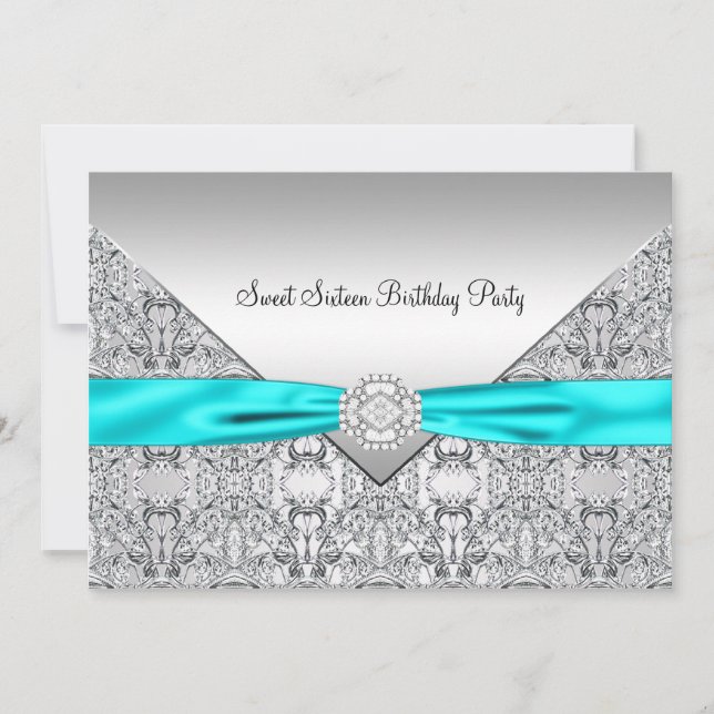 Invitation Turquoise Blue Silver Sweet sixteen (Devant)