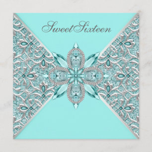 Invitation Turquoise Blue Silver Sweet sixteen fête d'anniver