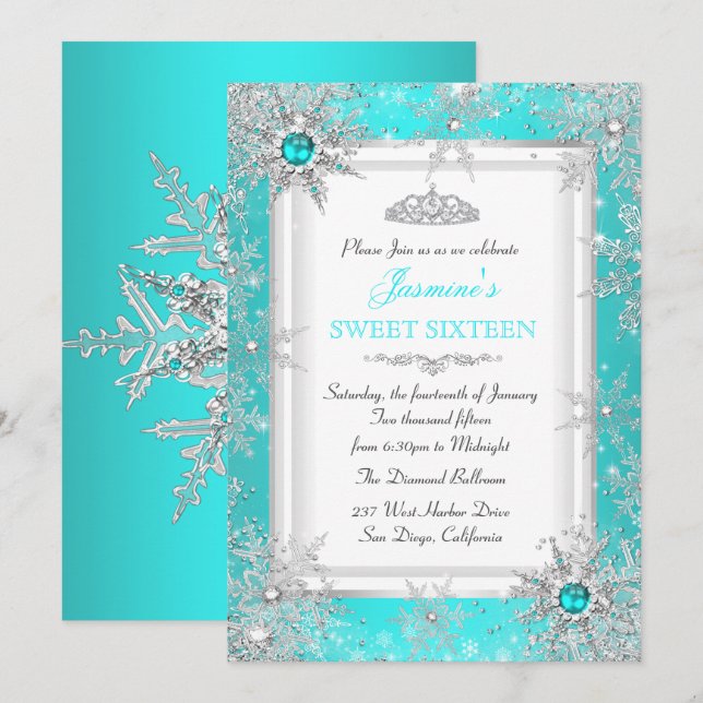 Invitation Turquoise Blue Silver Winter Wonderland Sweet 16 P (Devant / Derrière)