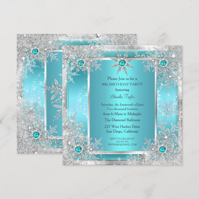 Invitation Turquoise Blue Snowflake Silver Winter Wonderland (Devant / Derrière)
