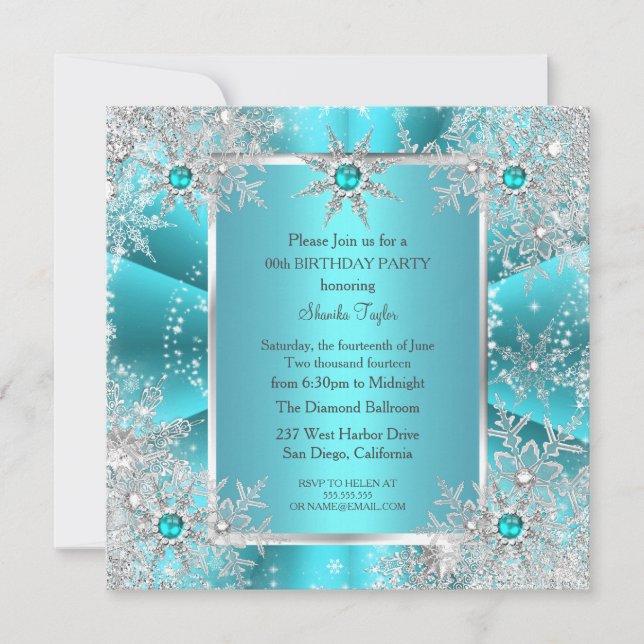Invitation Turquoise Blue Snowflake Silver Winter Wonderland  (Devant)