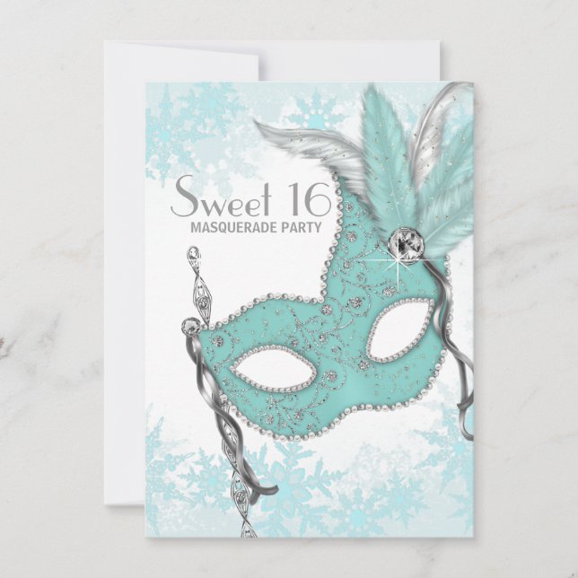 Invitation Turquoise Blue Snowflake Sweet 16 Masquerade Party (Devant)