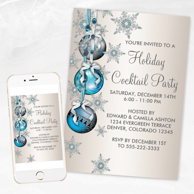 Invitation Turquoise Blue Snowflakes Ornements Noël (Teal blue snowflakes ornament Christmas party invitation. Available for print and instant download.)