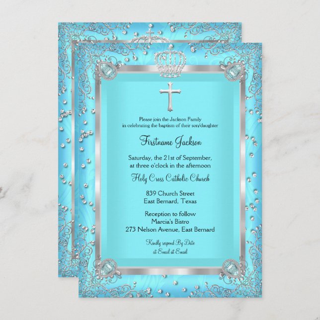 Invitation Turquoise Blue Sparkle Photo Baptême Christening (Devant / Derrière)