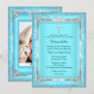 Invitation Turquoise Blue Sparkle Photo Baptême Christening
