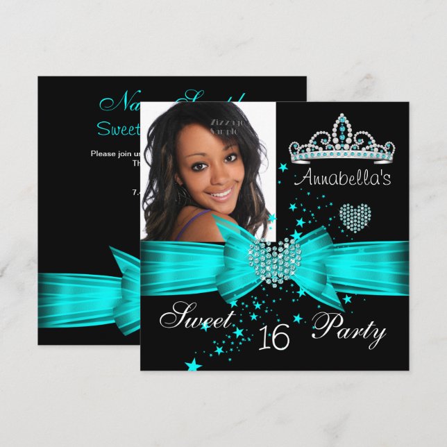 Invitation Turquoise Blue Sweet 16 Anniversaire Diamond Tiara (Devant / Derrière)