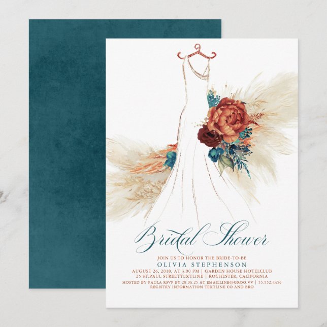 Invitation Turquoise Blue Terracotta Floral Boho Fête des mar (Devant / Derrière)