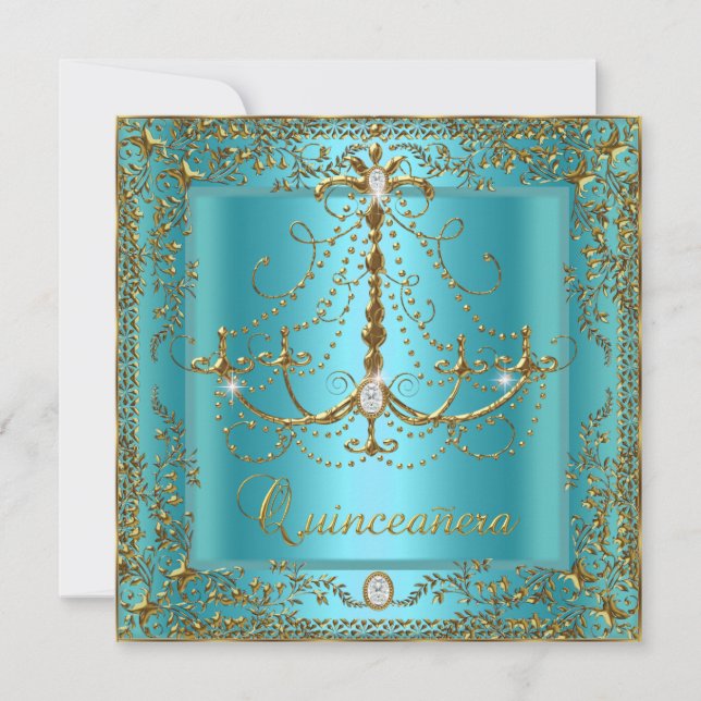Invitation Turquoise Blue Tiara Gold Quinceanera 15e annivers (Devant)