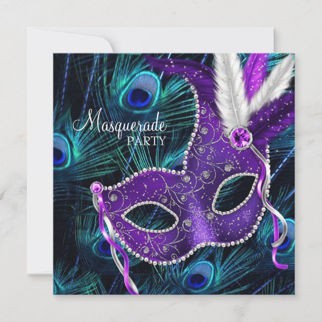 Invitation Turquoise Blue violet Peacock Masquerade Party (Devant)
