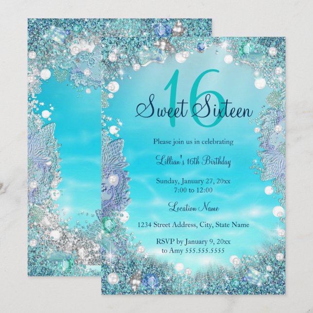 Invitation Turquoise Blue Water Ocean Pearls Sweet 16 Party (Devant / Derrière)