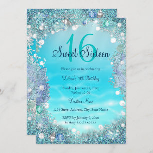 Invitation Turquoise Blue Water Ocean Pearls Sweet 16 Party