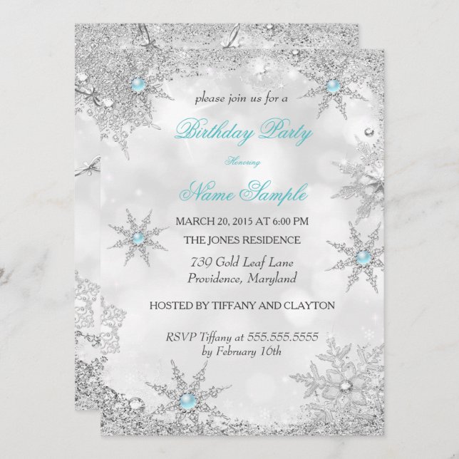 Invitation Turquoise Blue Winter Wonderland fête d'anniversai (Devant / Derrière)