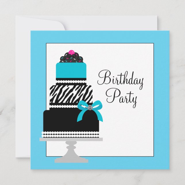 Invitation Turquoise Blue Zebra Cake Cupcake fête d'anniversa (Devant)