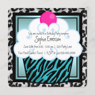 Invitation Turquoise Blue Zebra Cupcake fête d'anniversaire