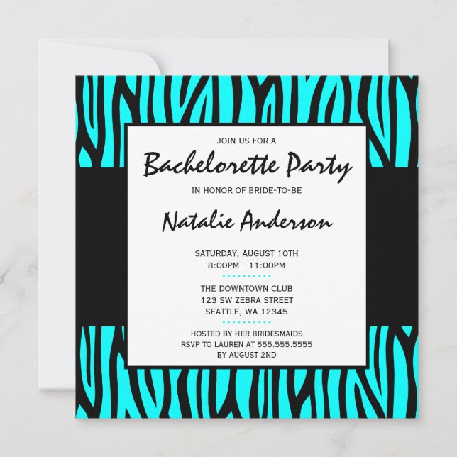 Invitation Turquoise Blue Zebra Modern Bachelorette Party (Devant)