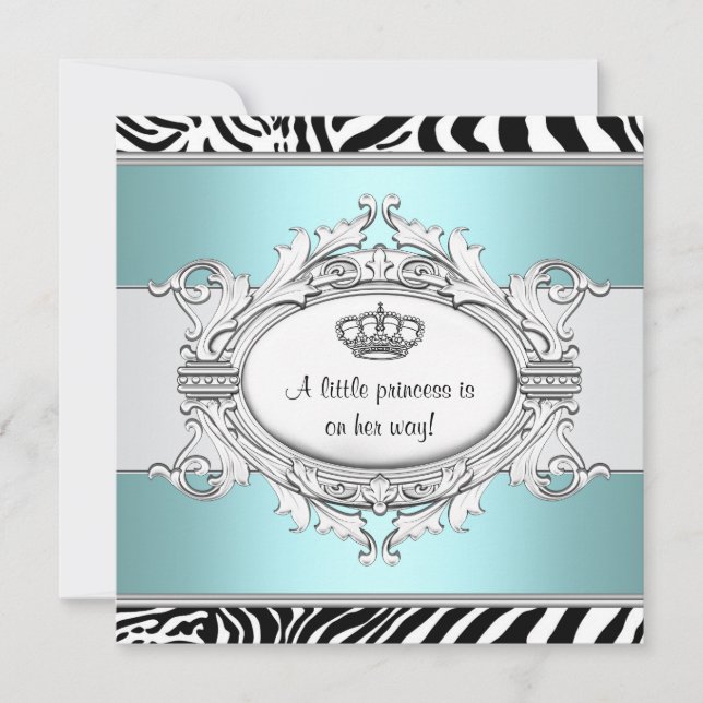 Invitation Turquoise Blue Zebra Princesse Baby Girl Douche (Devant)