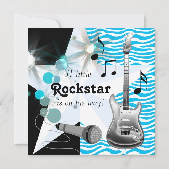 Invitation Turquoise Blue Zebra Rock Star Baby Boy Douche (Devant)