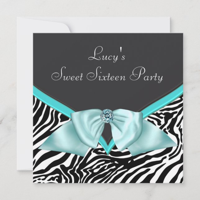 Invitation Turquoise Blue Zebra Sweet 16 Anniversaire (Devant)