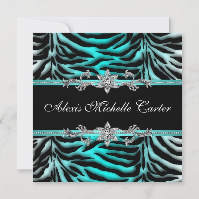 Invitation Turquoise Blue Zebra Sweet sixteen fête d'annivers (Devant)