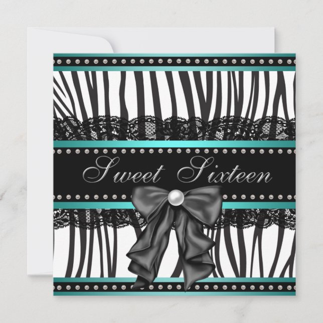 Invitation Turquoise Blue Zebra Sweet sixteen fête d'annivers (Devant)