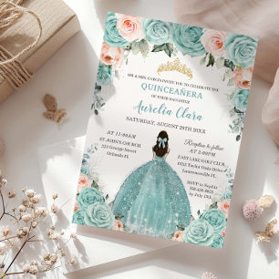 Invitation Turquoise Blush Floral Princess Gold Quinceañera
