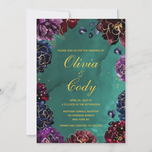 Invitation Turquoise Bordeaux Amethyst Bijou Tone Mariage or (Devant)