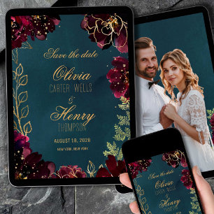 Invitation Turquoise Bordeaux Bijou Tone Photo Enregistrer La