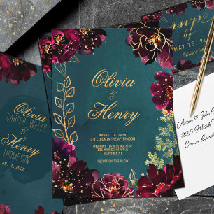 Invitation Turquoise Bordeaux Jewel Tons Nom Mariage