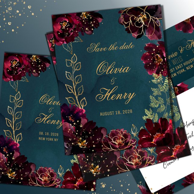 Invitation Turquoise Bordeaux Joyaux Tons Mariage Enregistrer (Teal Bordeaux Jewel Tone Wedding Save The Date Invitation. Matching envelope sold separately.)