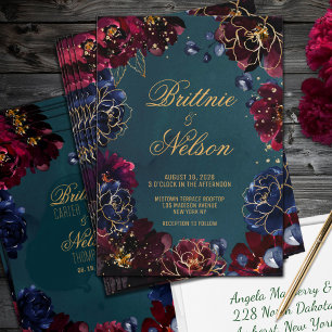 Invitation Turquoise Bordeaux Sapphire Bijou Tone Mariage or
