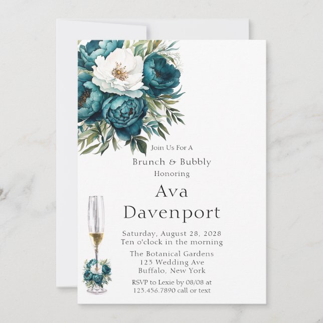 Invitation Turquoise Botanique Floral Peony Brunch & Bubbly (Devant)