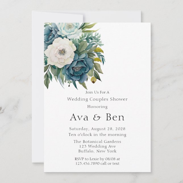 Invitation Turquoise Botanique Floral Peony Mariage Couples D (Devant)