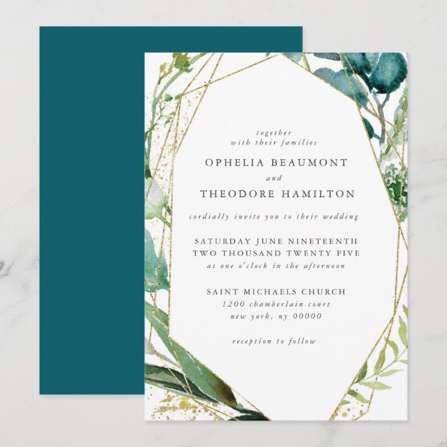 Invitation Turquoise Botanique Moderne Mariage élégant (Devant / Derrière)