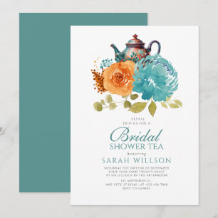 Invitation Turquoise Brûlé Orange Chute Floral Fête des marié