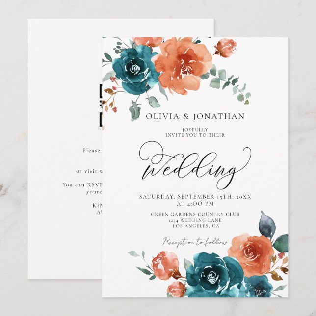 Invitation Turquoise Brûlé Orange Rustique Automne Mariage Fl (Devant / Derrière)