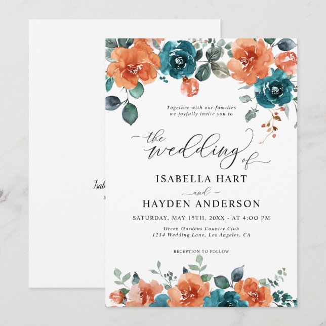 Invitation Turquoise Burange Boho Floral Aquarelle Mariage (Devant / Derrière)