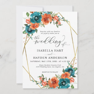 Invitation Turquoise Burange Orange Floral Gold Frame Mariage