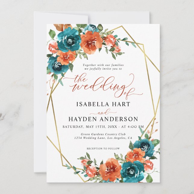 Invitation Turquoise Burange Orange Floral Mariage de automne (Devant)