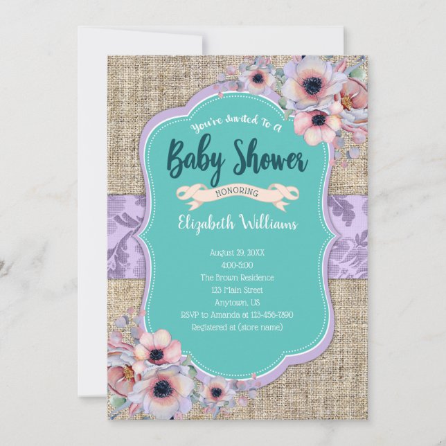 Invitation Turquoise Burlap Baby shower d'aquarelle couleur p (Devant)