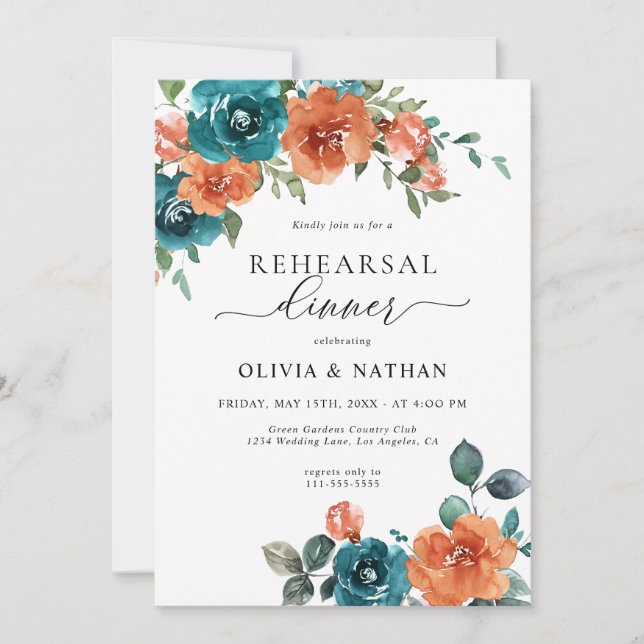 Invitation Turquoise Burnt Orange Fleurs Dîner De Répétition  (Devant)