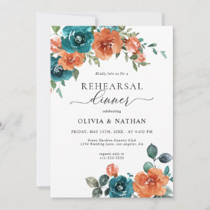 Invitation Turquoise Burnt Orange Fleurs Dîner De Répétition 
