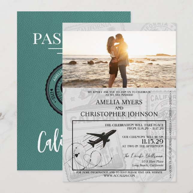 Invitation Turquoise California Passport Mariage (Devant / Derrière)