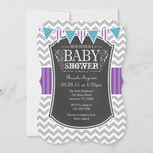 Invitation Turquoise Chalkboard violet Chevron Baby shower In (Devant)