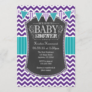 Invitation Turquoise Chalkboard violet Chevron Baby shower In