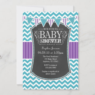 Invitation Turquoise Chalkboard violet Chevron Baby shower In