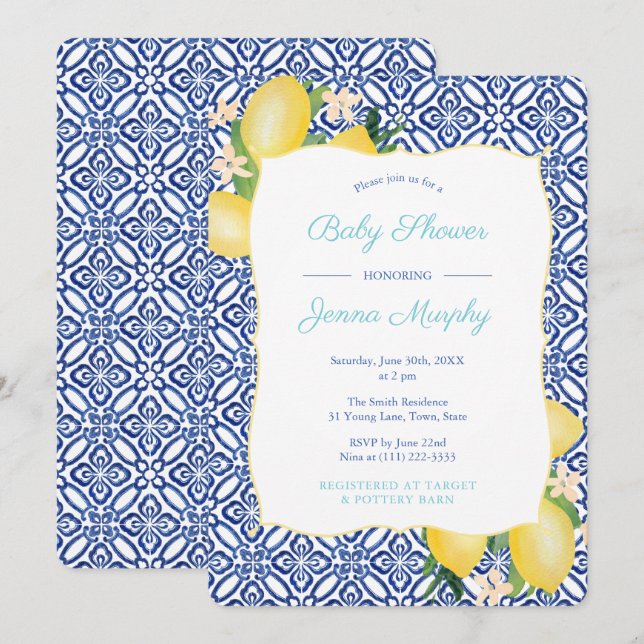 Invitation Turquoise Classic Carrelage Bleu Baby shower citro (Devant / Derrière)