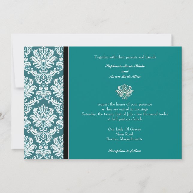 Invitation turquoise Classic Mariage damassé (Devant)