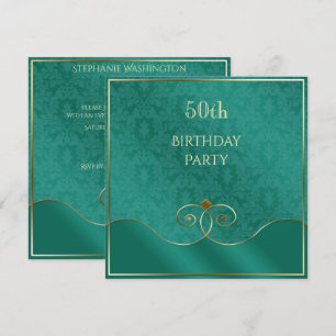 Invitation Turquoise classique & perruques d'or, Damask 50e a